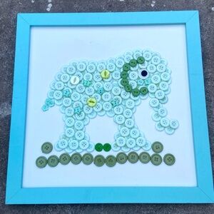 Button elephant artwork framed blue nursery kids room home decor vintage cute